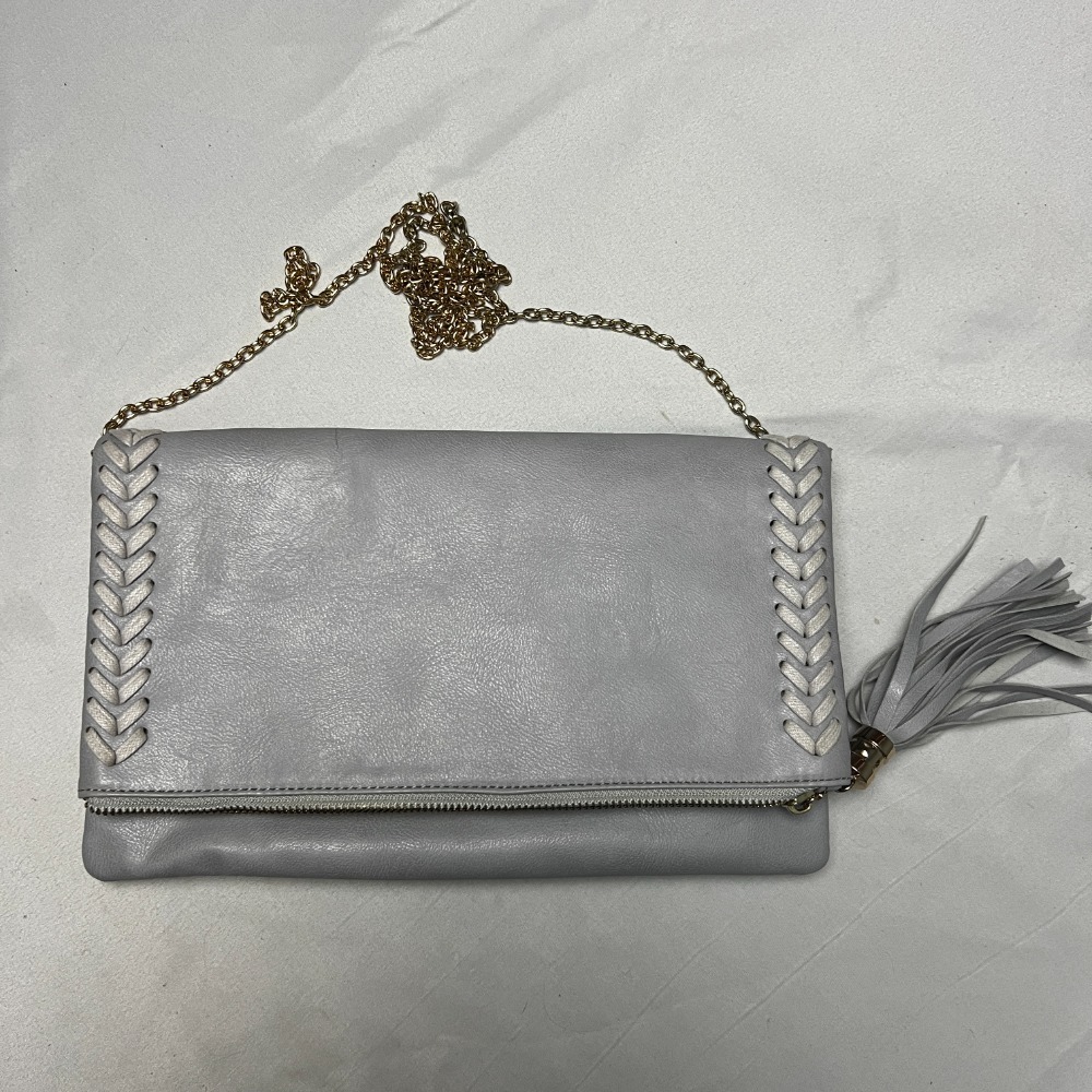 BAM Forever‎ Crossbody Clutch Tassel Gold Chain Strap Gray Woven Trim Classy
